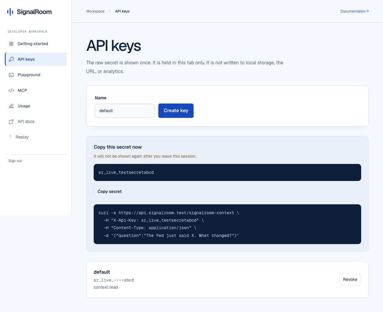 SignalRoom API keys screen. Create a context:read key. The secret is shown once.