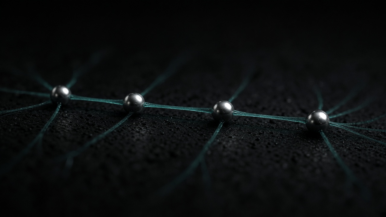 A directed path of silver nodes on a near black field